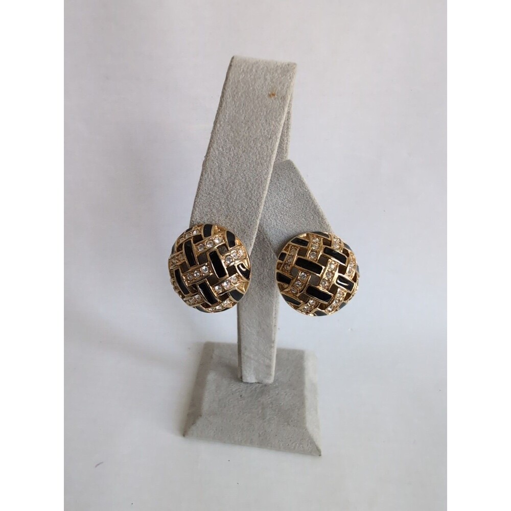 Vtg SWAROVSKI Earrings Crystal Black Enamel BASKETWEAVE Clip MCM